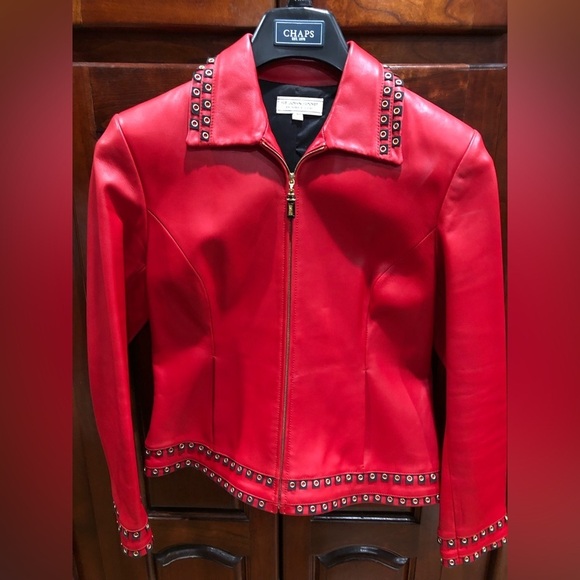 HP🎉 St John Sport by Marie Grey 100% Red Leather Grommet Full Zip Jacket Sz P - Picture 2 of 12